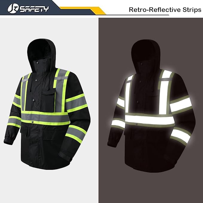 JKSafety Hi-Vis Reflective Safety Rain Jacket for Men Women Waterproof Rain Gears for Farming Fishing Work HV Rain Jacket with Inner Mesh Lining and Pockets (117A-Black L)