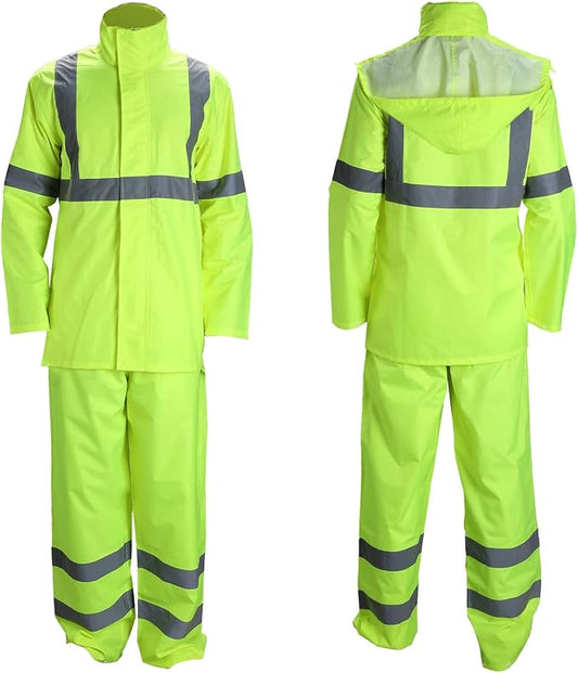 FONIRRA Class 3 High Visibility Rain Suit With Collapsible Hood Lime Reflective Safety Waterproof Worker Jacket & Pants (S/M Yellow)