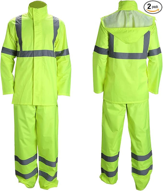 FONIRRA Class 3 High Visibility Rain Suit With Collapsible Hood Lime Reflective Safety Waterproof Worker Jacket & Pants (4XL/5XL Yellow)