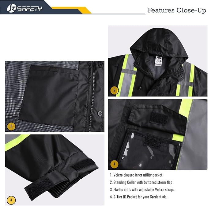 JKSafety Hi-Vis Reflective Safety Rain Jacket for Men Women Waterproof Rain Gears for Farming Fishing Work HV Rain Jacket with Inner Mesh Lining and Pockets (117A-Black XL)