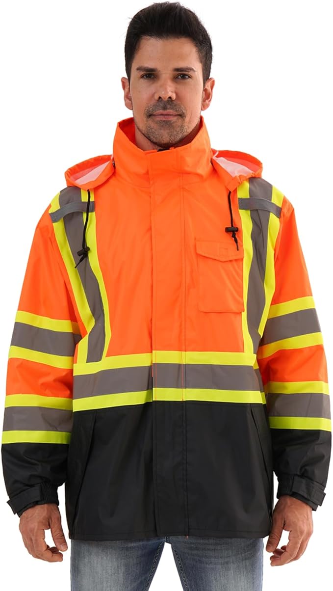 Reflective Rain jackets for men waterproof,Hi Vis Safety Coat With Reflective Strips，High Visibility Class 3 Rain jackets With 2 large pockets，Zipper,Orange,SM/MD