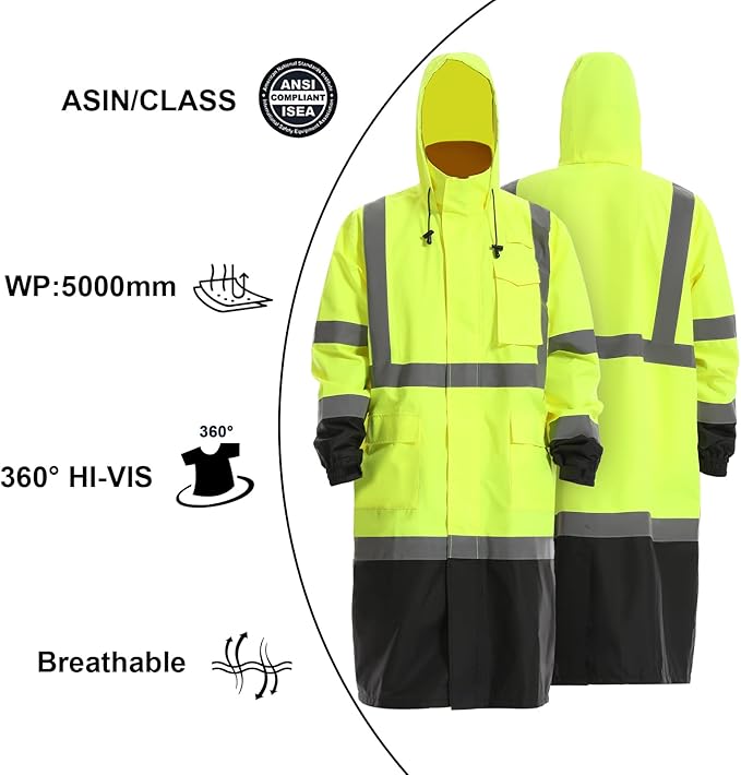 Reflective Rain jackets for men waterproof,Hi Vis Rain Coat With 3M Reflective Strips，High Visibility Class 3 Rain Gear With 2 large pockets，Zipper,Black Bottom Lime，6XL
