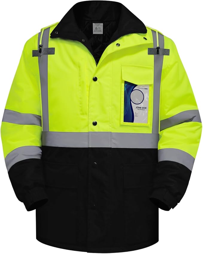TCCFCCT High Visibility Jacket Warm Reflective Jackets for Men, Hi Vis Jacket for Men Construction, High Vis Safety Jackets for Cold Weather, Waterproof Rain Gear, Long J-Yellow, L