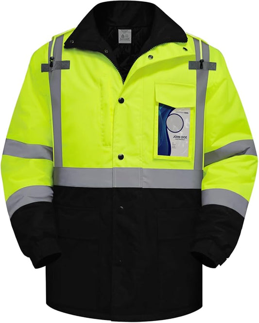TCCFCCT Safety Jacket for Men & Women, Hi Vis Reflective Jackets with Pockets, Construction Coats for Cold Weather, High Vis Rain Gear, Waterproof, Long J-Yellow, M