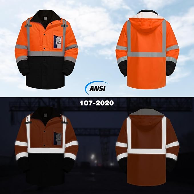 TCCFCCT Safety Jacket for Men & Women, Hi Vis Reflective Jackets with Pockets, Construction Coats for Cold Weather, High Vis Rain Gear, Waterproof, Long J-Orange, XL