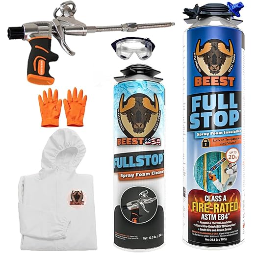 BEEST FullStop Spray Foam Insulation Kit - 20 Board ft/sq.ft. Fire Rated Spray Insulation Foam for Walls & Attics with Thermal & Soundproofing - Includes 1 Can, 1 Cleaner, Pro X Gun, Safety Gear
