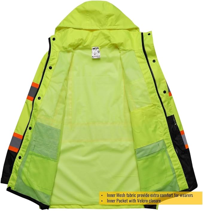 JKSafety Hi-Vis Reflective Safety Rain Jacket for Men Women Waterproof Rain Gears for Farming Fishing Work HV Rain Jacket with Inner Mesh Lining and Pockets (117A-YBlk L)