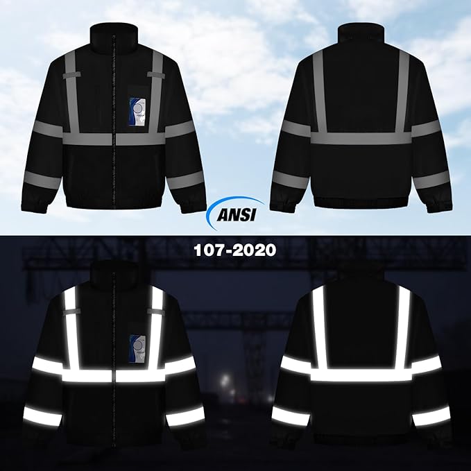 TCCFCCT Hi Vis Jacket for Men Women Class 3 High Visibility Jacket, Waterproof Reflective Safety Jackets for Men Construction, Cold Winter Bomber Work Jackets, Meets Ansi, J-Black, XL