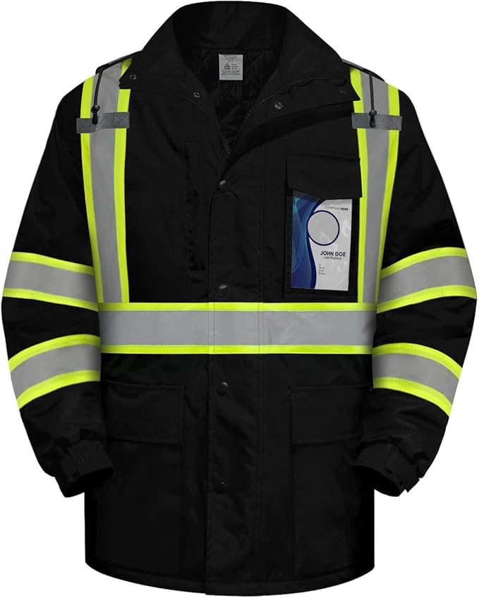 TCCFCCT Hi Vis Jackets for Men & Women, Waterproof Reflective Safety Jacket with Pockets, Construction Coats for Cold Weather, High Vis Rain Gear, Long J-Black with Green, XL