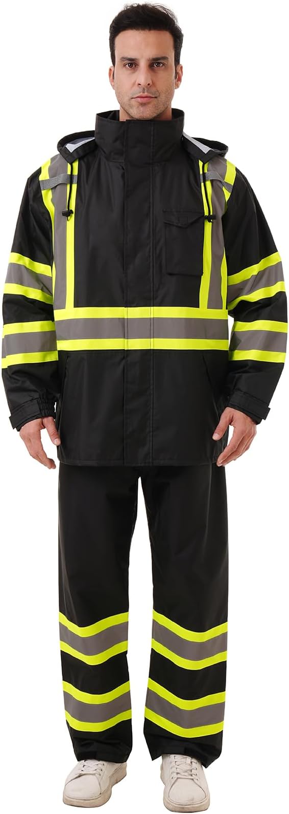 Hi Vis Safety rain Jacket，Reflective Class 3 Rain coat with Inner Mesh Lining and Pockets High Visibility Waterproof work Rain Suits for men&women（Black,LG/XL）