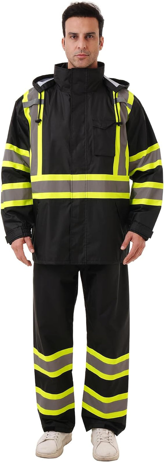Hi Vis Safety rain Jacket，Reflective Class 3 Rain coat with Inner Mesh Lining and Pockets High Visibility Waterproof work Rain Suits for men&women（Black,2XL/3XL）