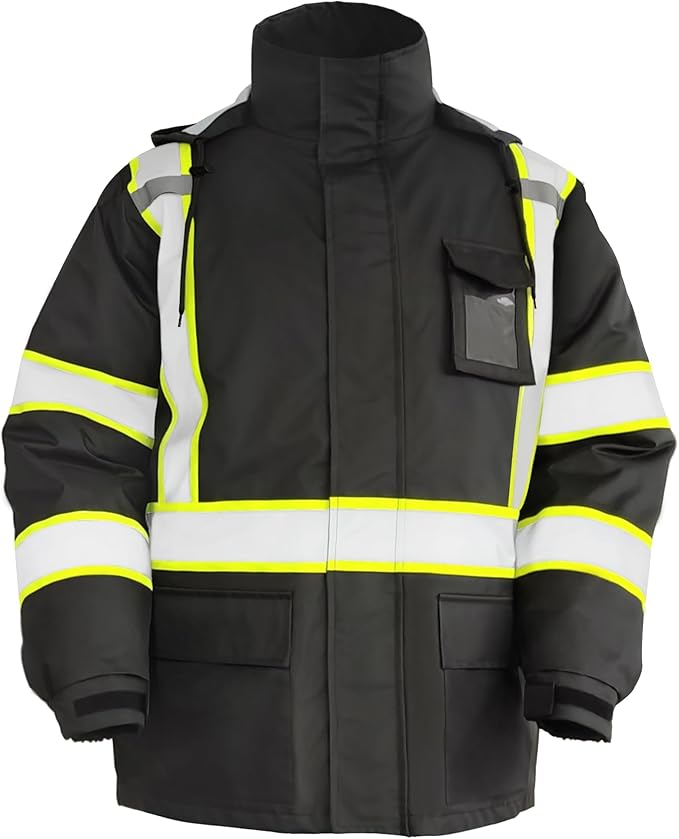 FATONE Hi Vis Rain Jacket for Men Lightweight Reflective Safety Rain Gear Waterproof with Hood, Class 3 Work Raincoat ANSI/ISEA Tested Black 2XL/3XL