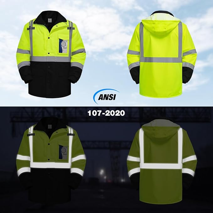 TCCFCCT Safety Jacket for Men & Women, Hi Vis Reflective Jackets with Pockets, Construction Coats for Cold Weather, High Vis Rain Gear, Waterproof, Long J-Yellow, 4XL