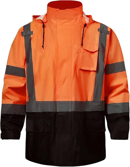SKSAFETY Hi Vis Safety Rain Jacket for Men, Construction Work Rain Gear Heavy Duty Class 3 Rain Coat Waterproof Lightweight
