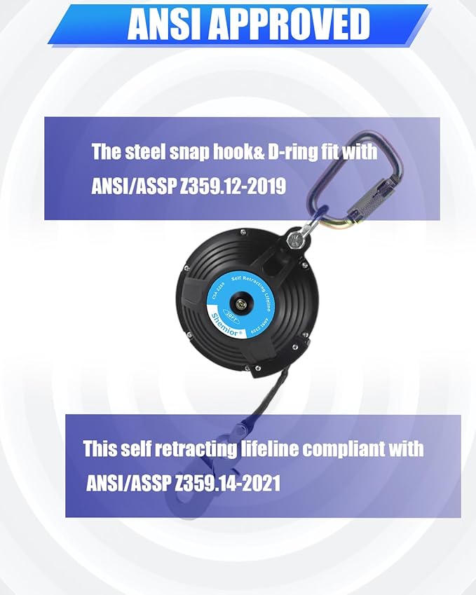 20FT Web Self Retracting Lifeline, No Tangle Lightweight SRL, Self Retractable Safety Lanyard, Fall Arrest Protection Gear for Roofing Construction, OSHA/ANSI Compliant