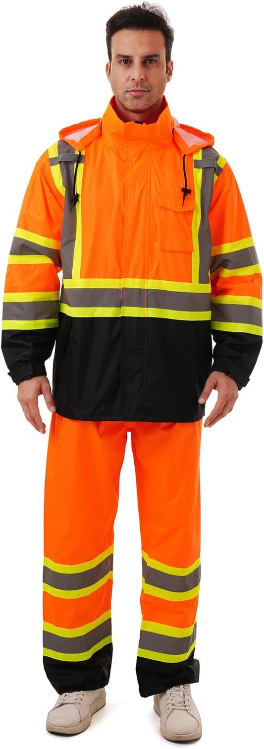 Hi Vis Safety rain Jacket，Reflective Class 3 Rain coat with Inner Mesh Lining and Pockets High Visibility Waterproof work Rain Suits for men&women（Orange,2XL/3XL）