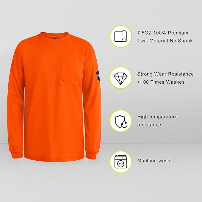 FR Shirts for Men 7.5OZ Welding Shirt, 100% C Flame Resistant Welding Jacket, Men's Fire Retardant FR Clothing for Men, Durable Welding Gear for Safety Work, Orange-YL 5XL