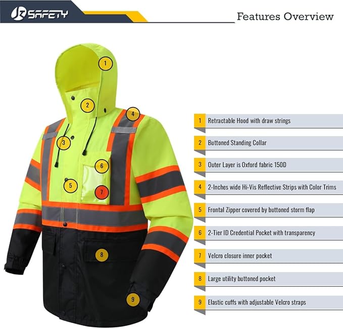 JKSafety Hi-Vis Reflective Safety Rain Jacket for Men Women Waterproof Rain Gears for Farming Fishing Work HV Rain Jacket with Inner Mesh Lining and Pockets (117A-YBlk M)