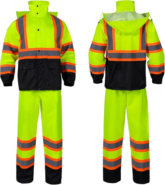 Class 3 High Visibility Rain Suit With Detachable Hood Waterproof Lime Reflective Safety Worker Jacket & Pants (2XL/3XL Yellow)