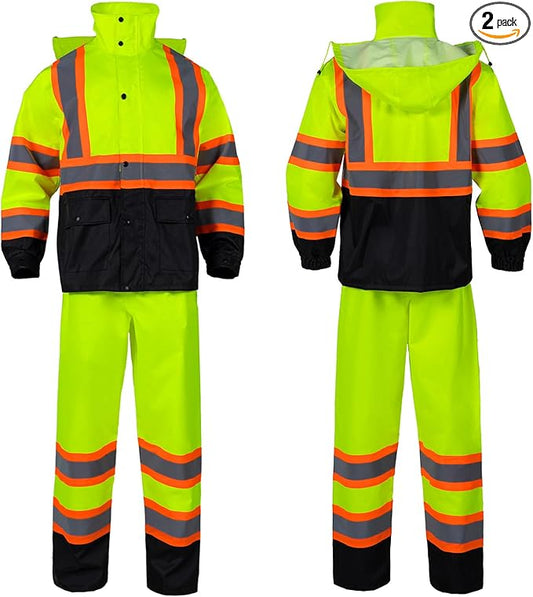 Class 3 High Visibility Rain Suit With Detachable Hood Waterproof Lime Reflective Safety Worker Jacket & Pants (L/XL Yellow)