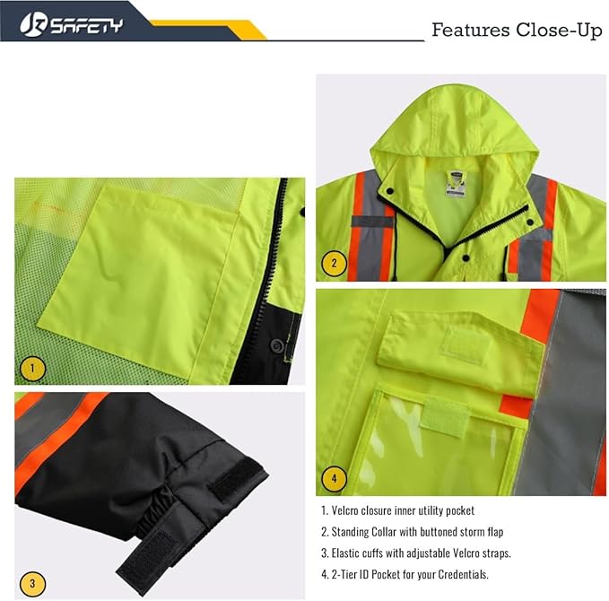 JKSafety Hi-Vis Reflective Safety Rain Jacket for Men Women Waterproof Rain Gears for Farming Fishing Work HV Rain Jacket with Inner Mesh Lining and Pockets (117A-YBlk M)