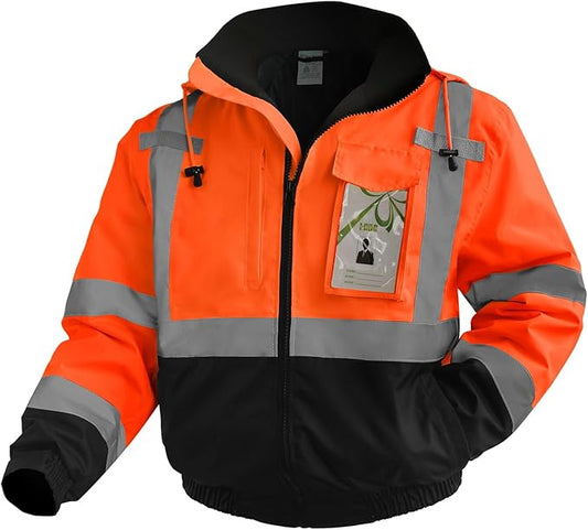 High Visibility Safety Jacket, Reflective Jacket with Pockets for Men& Women, Construction Coats for Winter Cold Weather, Waterproof High Vis Rain Gear, Class 3 Orange-Black, M