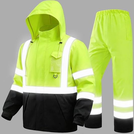 Hi Vis Class 3 Safety Rain Jacket for Men Waterproof, Reflective High Visibility Rain Gear Construction Rain Suit (Yellow-Black L/XL)