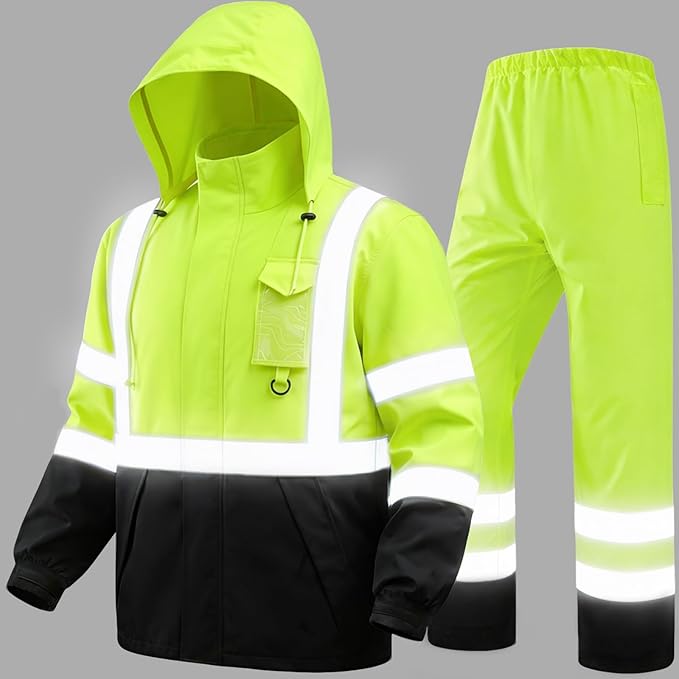 Hi Vis Class 3 Safety Rain Jacket for Men Waterproof, Reflective High Visibility Rain Gear Construction Rain Suit (Yellow-Black 4XL/5XL)