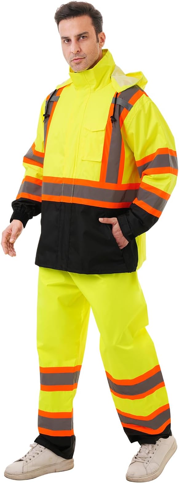 Hi Vis Safety rain Jacket，Reflective Class 3 Rain coat with Inner Mesh Lining and Pockets High Visibility Waterproof work Rain Suits for men&women（Yellow,LG/XL）