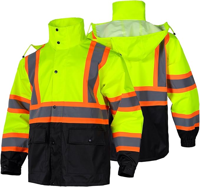Class 3 High Visibility Rain Suit With Detachable Hood Waterproof Lime Reflective Safety Worker Jacket & Pants (2XL/3XL Yellow)