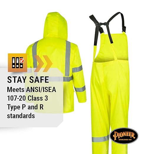Pioneer High Visibility Rain Gear Safety Jacket and Bib Pants – Hi Vis, Waterproof, Reflective PVC Work Suit for Men – Orange and Yellow/Green