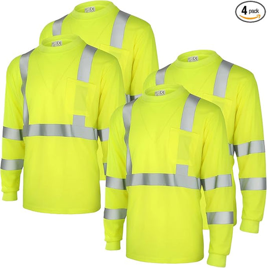 Amylove 4 Pcs Long Sleeve Safety Shirt High Visibility Reflective Construction Work Shirts for Men Women (L,Yellow)