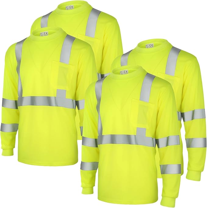 Amylove 4 Pcs Long Sleeve Safety Shirt High Visibility Reflective Construction Work Shirts for Men Women(XL,Yellow)