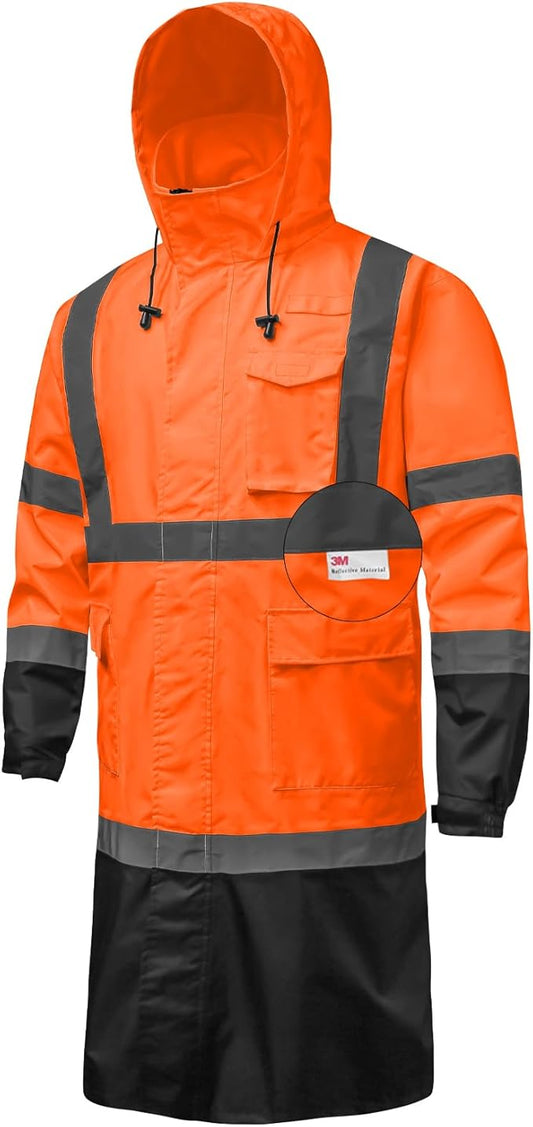 Hi Vis Rain Jacket with 3M Reflective Stripe,High Visibility Class 3 Rain coats,Safety Waterproof Rain Suits for Men with Hood and 2 Large Pockets construction work rain gear(Orange 6XL)