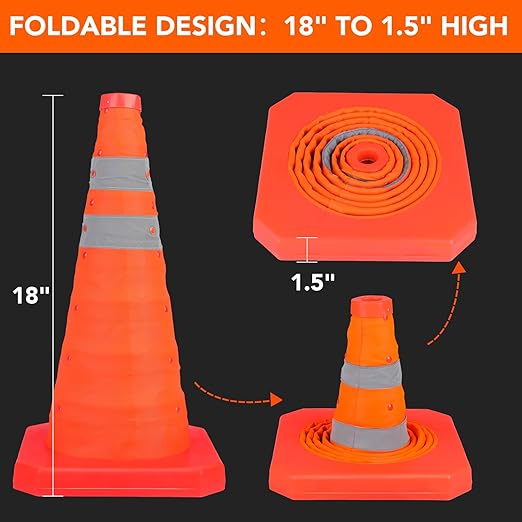 TENKAIWICK 18 Inch 5 Pack Traffic Cones, Collapsible Safety Cones, Multi Purpose Pop-up Cones with Reflective Collar, Orange Cones for Parking lot, Driveway, Driving Training etc