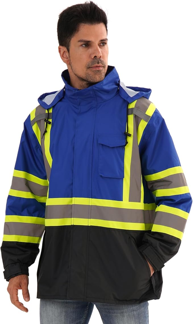 Reflective Rain jackets for men waterproof,Hi Vis Safety Coat With Reflective Strips，High Visibility Class 3 Rain jackets With 2 large pockets,Zipper,Blue,SM/MD