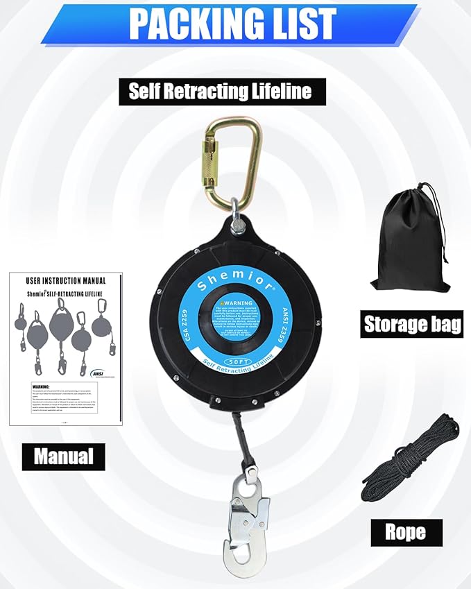 50FT Self Retracting Lifeline, Shemior Fall Arrest Protection PPE Gear, No Tangle Web SRL, Self Retractable Safety Lanyard, OSHA/ANSI Compliant