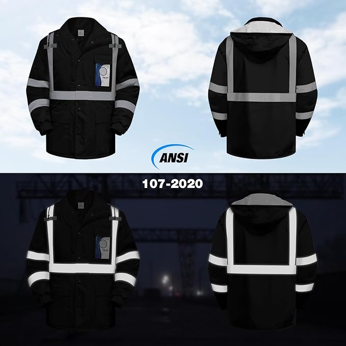 TCCFCCT Safety Jackets for Men & Women, Hi Vis Reflective Jacket with Pockets, Construction Coats for Cold Weather, High Vis Rain Gear, Waterproof, Long J-Black, L