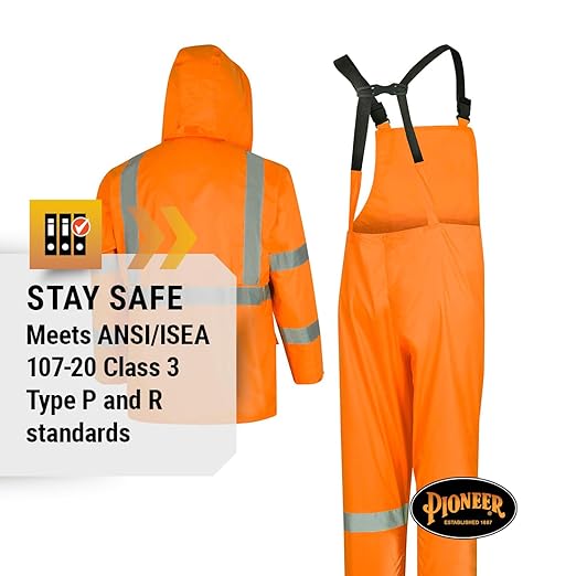 Pioneer High Visibility Rain Gear Safety Jacket and Bib Pants – Hi Vis, Waterproof, Reflective PVC Work Suit for Men – Orange and Yellow/Green