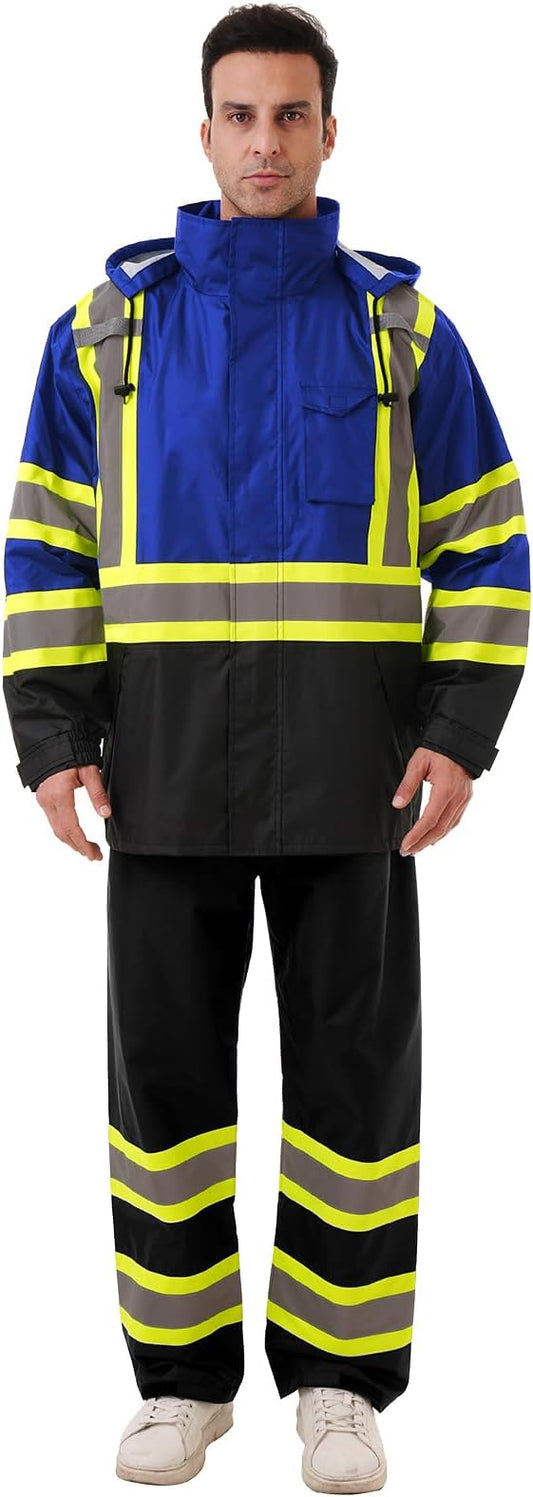 Hi Vis Safety rain Jacket，Reflective Class 3 Rain coat with Inner Mesh Lining and Pockets High Visibility Waterproof work Rain Suits for men&women（Blue,4XL/5XL）