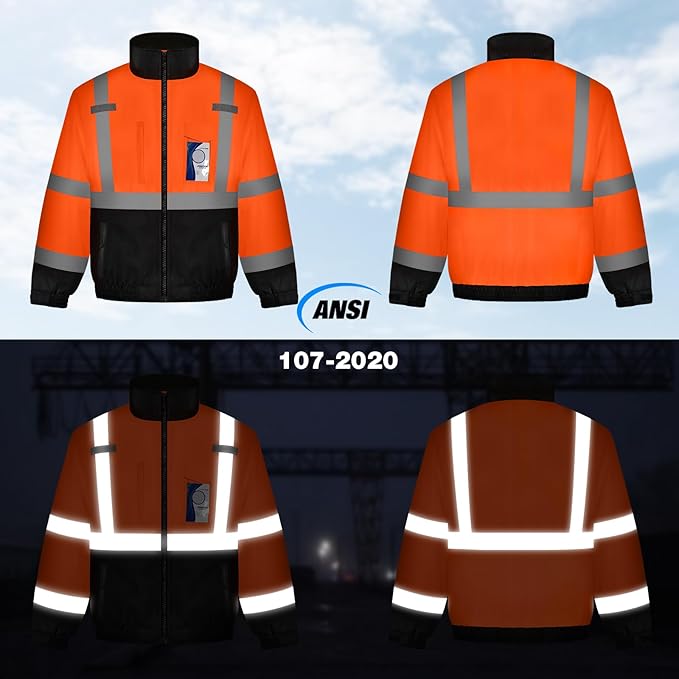 TCCFCCT Safety Jackets for Men, Class 3 High Visibility Reflective Jacket, Hi Vis Jackets for Men with Black Bottom, Waterproof Winter Bomber Work Coat for Construction, Meets Ansi, J-Orange M