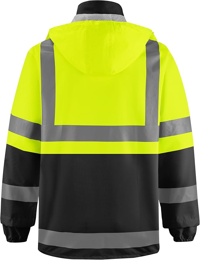 iCreek Reflective High Visibility Safety Jacket,Safety Rain Jacket with Hood,Lightweight Workwear for Outdoor Construction