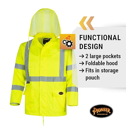 Pioneer High Visibility Rain Gear Safety Jacket and Bib Pants – Hi Vis, Waterproof, Reflective PVC Work Suit for Men – Orange and Yellow/Green