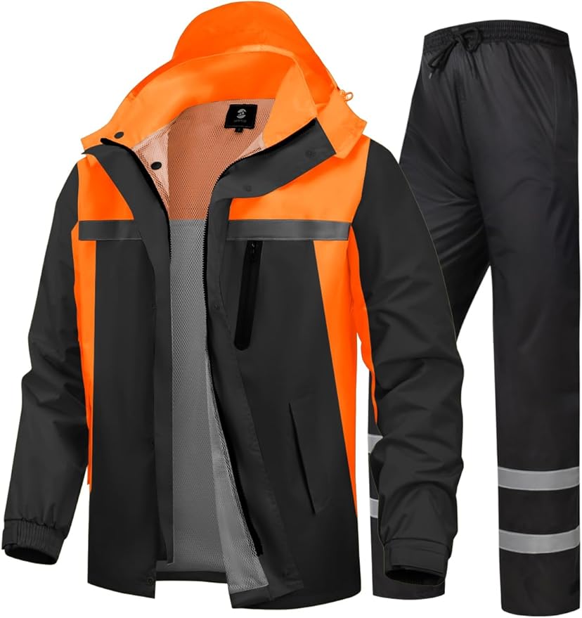 Men's Rain Suit High Visibility Reflective Work Rain Jacket Pants for All Sport Farm Fishing Motorcycle