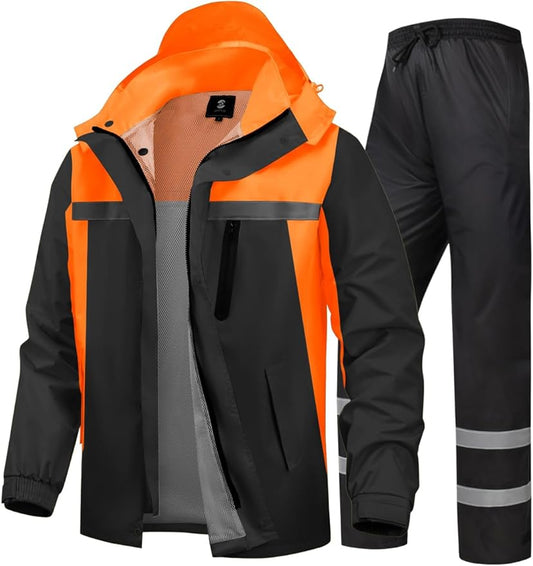 Men's Rain Suit High Visibility Reflective Work Rain Jacket Pants for All Sport Farm Fishing Motorcycle