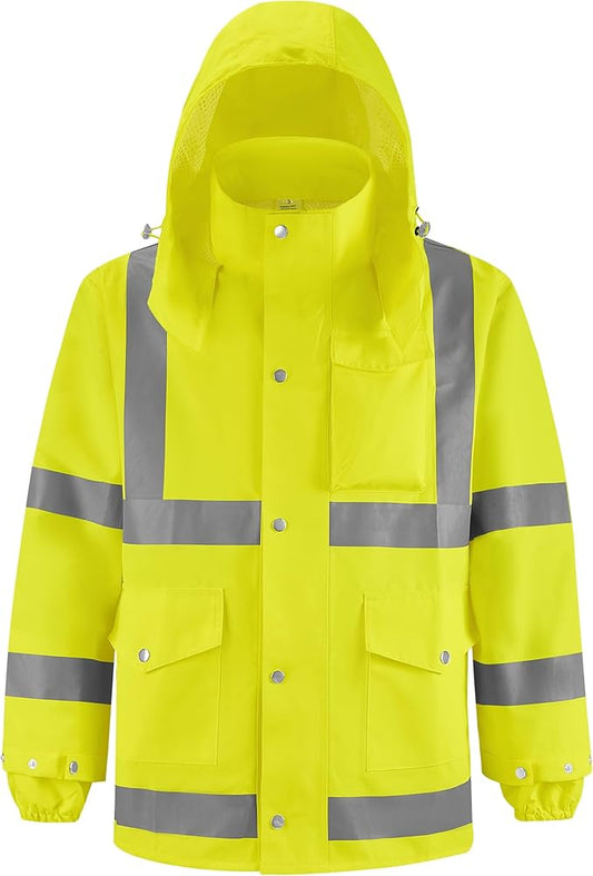 iCreek Reflective High Visibility Safety Jacket,Safety Rain Jacket with Hood,Lightweight Workwear for Outdoor Construction