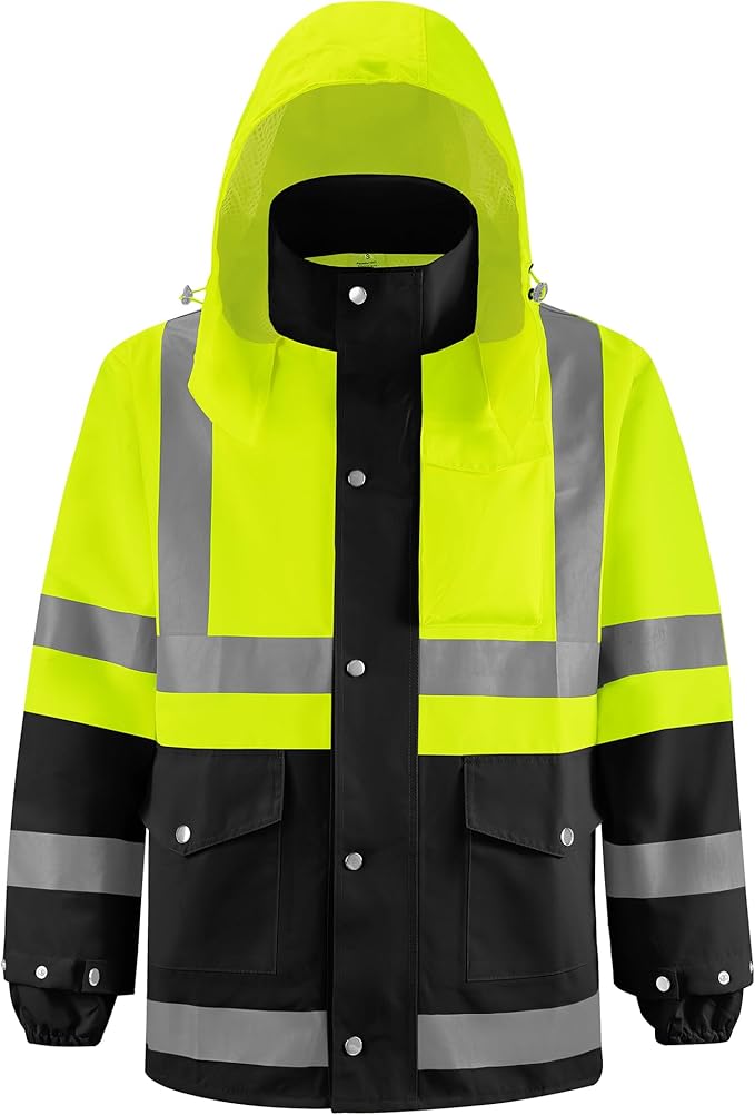 iCreek Reflective High Visibility Safety Jacket,Safety Rain Jacket with Hood,Lightweight Workwear for Outdoor Construction