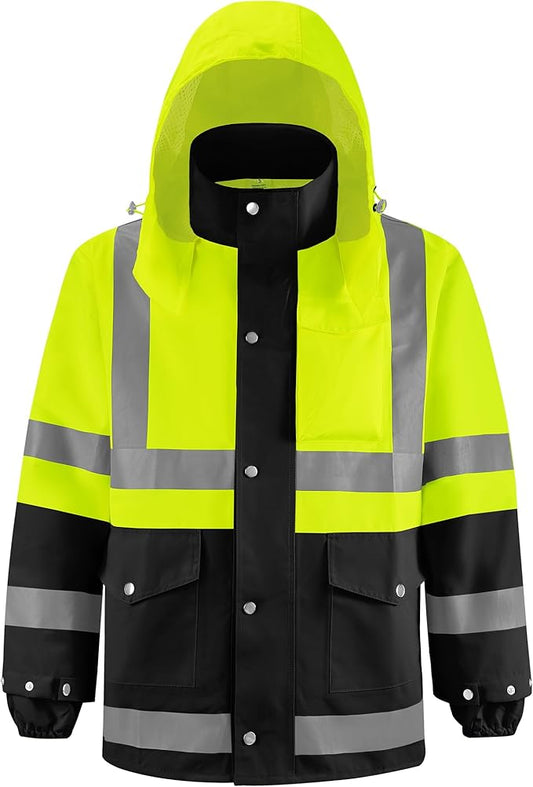 iCreek Reflective High Visibility Safety Jacket,Safety Rain Jacket with Hood,Lightweight Workwear for Outdoor Construction