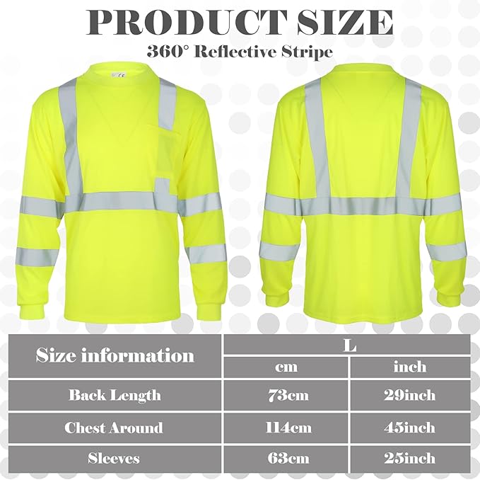 Amylove 4 Pcs Long Sleeve Safety Shirt High Visibility Reflective Construction Work Shirts for Men Women (L,Yellow)