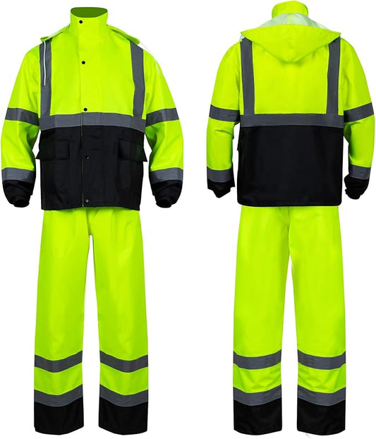 FONIRRA Class 3 High Visibility Rain Suit With Detachable Hood Waterproof Lime Reflective Safety Worker Jacket & Pants (2XL/3XL Yellow)